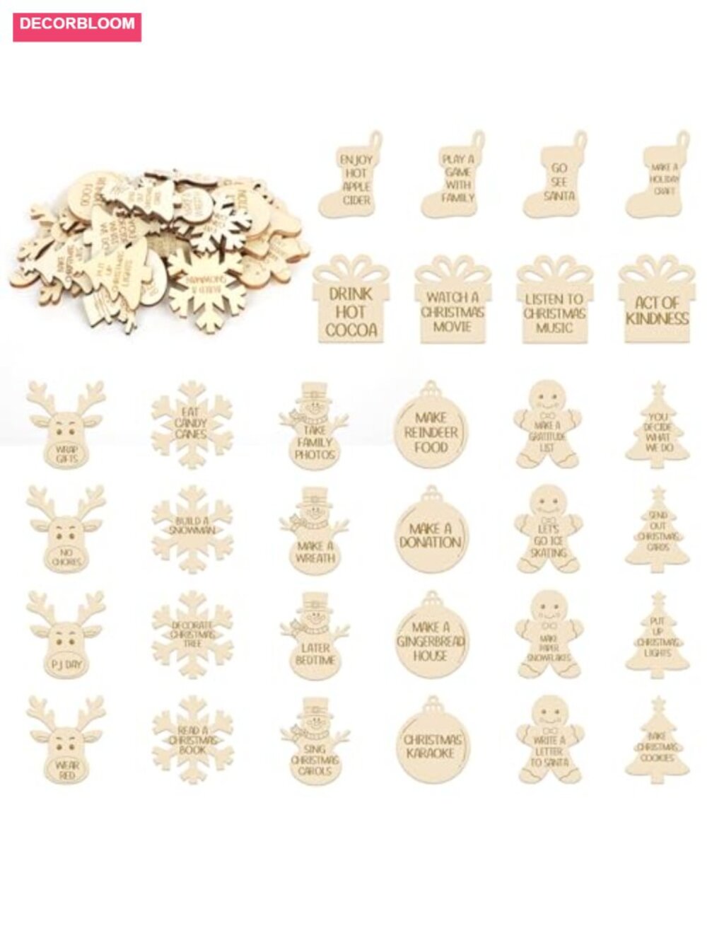 32 Pcs Wooden Christmas Advent Countdown Tokens Laser Engraved Holiday Activity